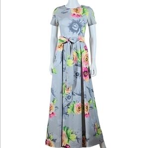 Lamarthe Paris Gray Multicolor Floral Print Belted Fit & Flare Maxi Dress